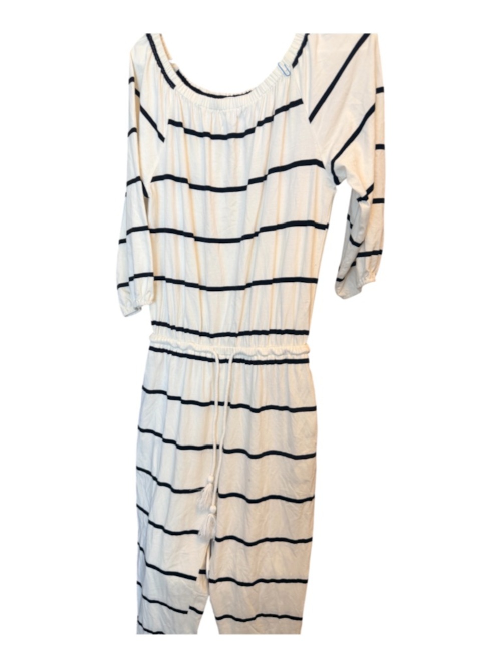 Striped White and Navy Off-Shoulder Jumpsuit with Drawstring Waist